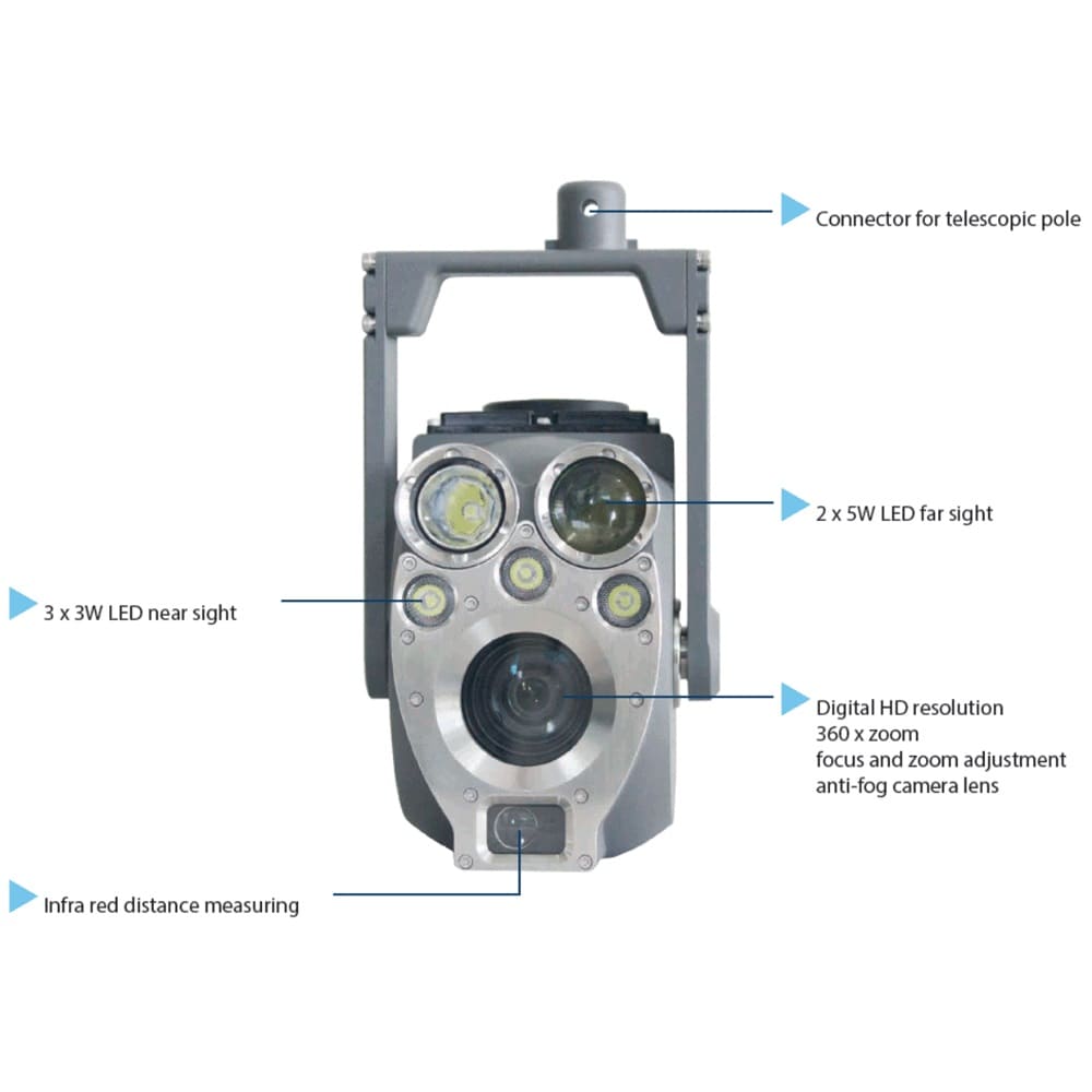 EPU-SUPERZOOM Manhole Pole Cam for faster sewer inspection with 120° Tilt Function, 360x Zoom, HD Resolution, WiFi Control, Laser Distance Measurer, LED's